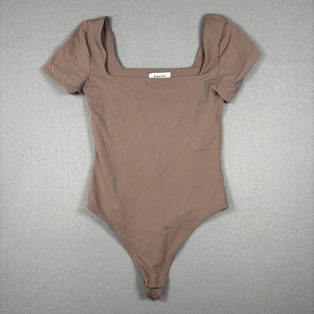 Aritzia Babaton Contour Straight Neck Bodysuit Deep Taupe Sz Small Short Sleeve